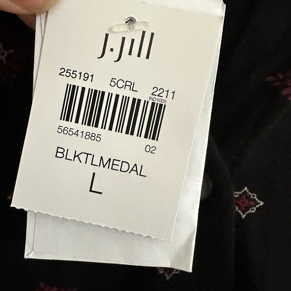 J Jill Top Womens Large Black Printed Knit Button-Front Blouse Peasant Boho NWT - Picture 7 of 10